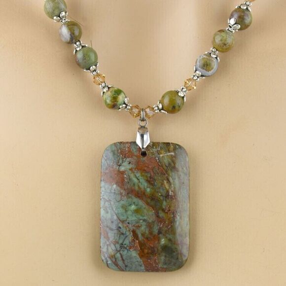 Handcrafted Necklace Earring Green Opal Accented with Swarovski Crystals Pendant - Picture 4 of 4